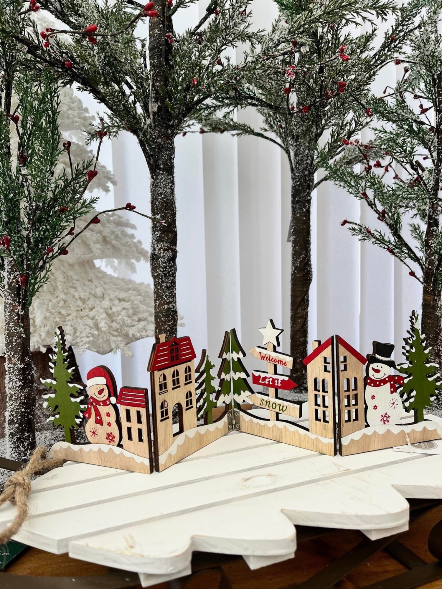 Wooden folding winter village scene
